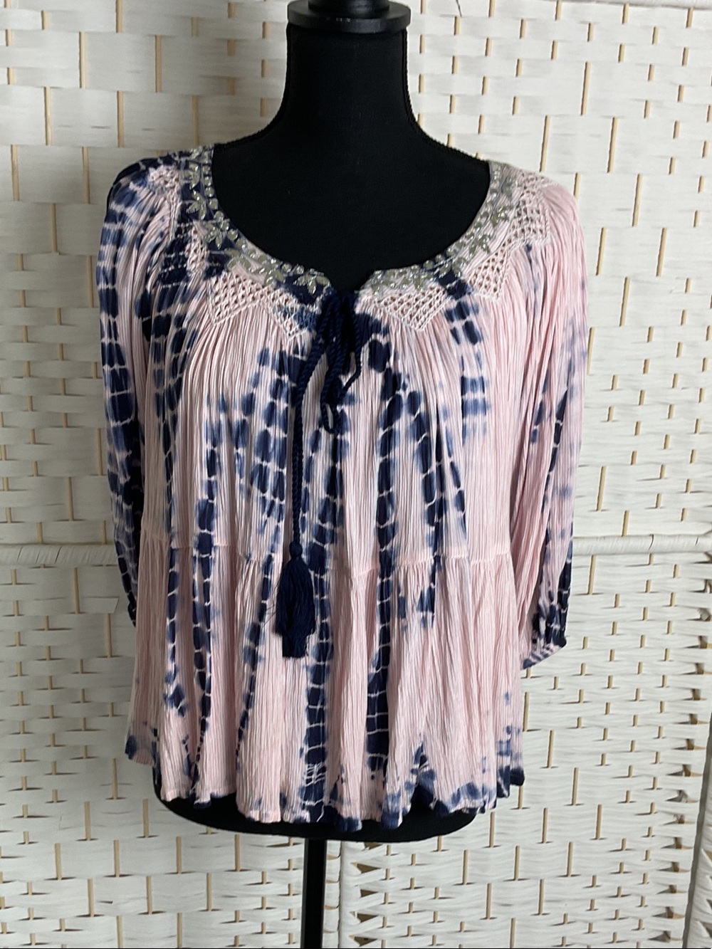 RAGA Pink and Navy Tie-Dye Embellished Flowy Bobo Top
